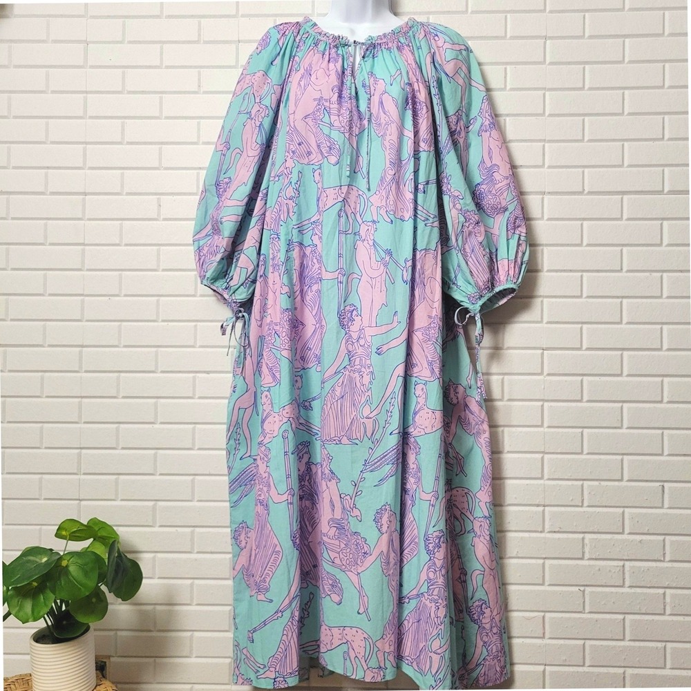 Rhode James Lounge Dress L Aqua Greco Print Cotton Balloon Sleeve Pockets